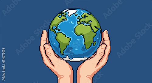 Pixel art Earth cradled by outstretched hands against blue backdrop. Earth is colorful with distinct green continents and blue oceans, representing globe.