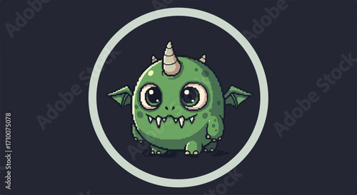 Cartoon monster with cute features, showing round green creature with small wings, round features and single horn. Cartoon monster design is playful,