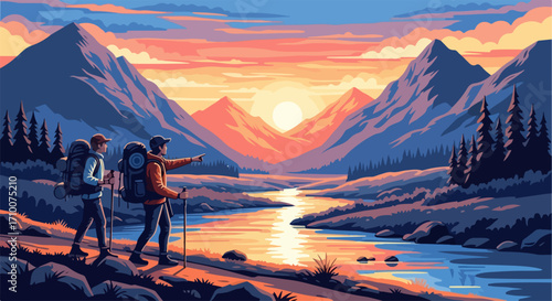 Mountain hike landscape with two hikers enjoying scenic mountain views at sunset. Mountain hike offers peaceful atmosphere, a moment of connection with nature, and inspiring vista of towering peaks.
