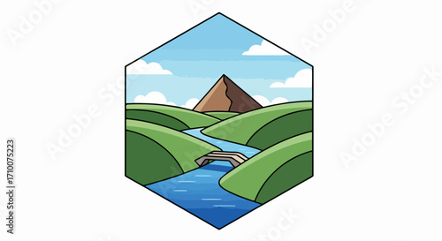 Landscape illustration showcases rolling green hills, meandering blue river, and simple bridge. This landscape rendering features mountain peak, cloudy sky, and simple illustration style.