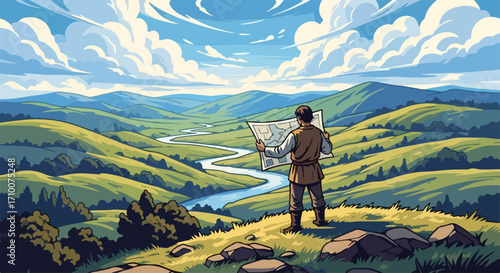Man reading map on grassy hill, overlooking serene landscape with rolling green hills and winding river. Man reading map to plan adventure, charting course through nature.