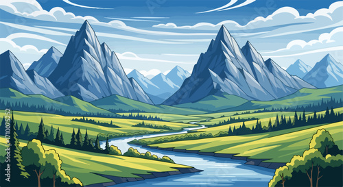 Expansive mountain landscape with majestic peaks, rolling green hills under vibrant sky. Serene river winds through lush foreground, contributing to picturesque mountain landscape.