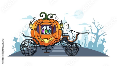 Whimsical Halloween Carriage: A charming, whimsical Halloween scene, where a pumpkin carriage, pulled by a friendly ghost, rolls along a moonlit road, set against a spooky graveyard.