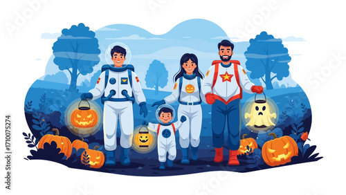Halloween Astronaut Family: An astronaut family walks together on a Halloween night carrying lanterns and pumpkins. This whimsical illustration combines space exploration with Halloween spirit