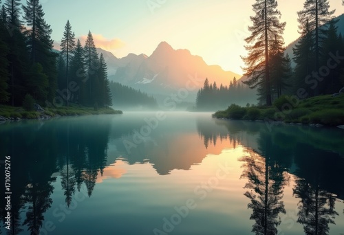 Stunning Crystal-Clear Lake Reflection Pine Trees Silhouettes Nature Serenity Tranquility Outdoor Scenic View