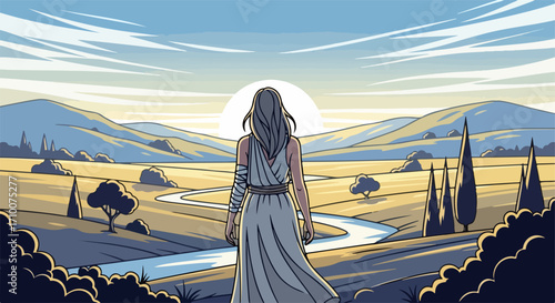 Woman looking at landscape at sunrise depicts a serene illustration of nature. Woman gazes toward setting sun over mountains, with a river meandering through pastoral fields.