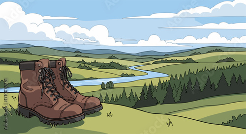 Hiking boots on green hills, overlooking scenic valley with meandering river. Hiking boots are ready for outdoor adventure in pastoral setting.