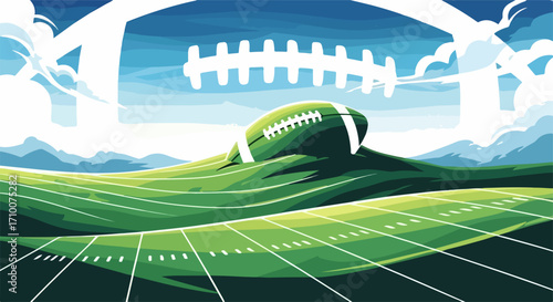 Digital painting of American football scene showcasing green hills and clear sky, highlighting field and ball. American football scene in nature invites to game and competition.
