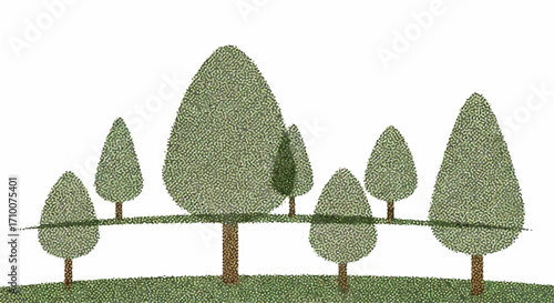 Landscape with trees in cartoon style on clear white background. Landscape scene includes simple trees on a grass hill in a natural environment, created with a hand-drawn, cartoon style.