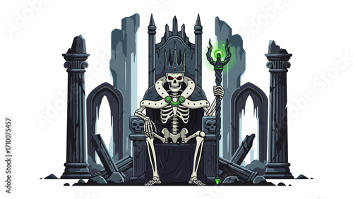 Royal Bones: An intimidating illustration showcasing a skeletal figure of royalty, posed regally upon a weathered throne, clutching a scepter and draped in ornate regalia.  