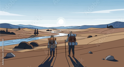 Two hikers in desert landscape, equipped with backpacks and trekking poles, explore arid scenery. Hikers traversing desert, surrounded by sunlit dunes and distant mountains, seek adventure.
