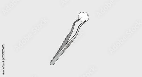 Surgical instrument illustration features a medical tool, specifically forceps, holding cotton ball against neutral backdrop. Medical tool and cotton ball create sterile environment.