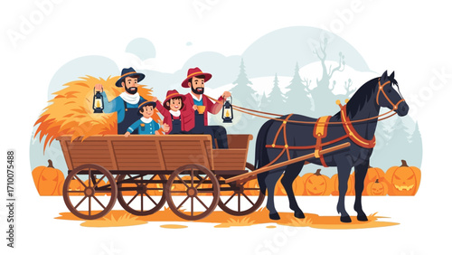 Harvest Cart: A rural autumn scene. A farmer and family ride in a cart. The cart is drawn by a horse, with pumpkins and trees in the background.