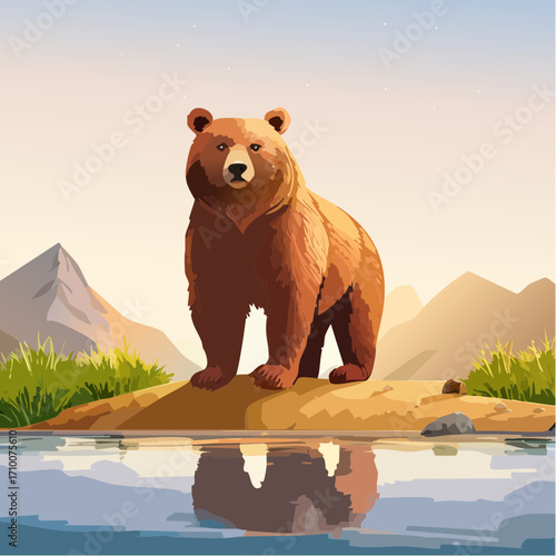 3D Bär, stehend am Flussufer, Sonnenlicht, fotorealistisch, kräftige Statur, realistische Texturen