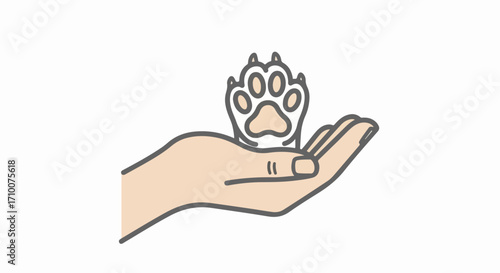 Paw print on hand in vector art style, featuring a cute pet paw design held gently in an open palm. Simple paw print design suitable for animal care advertising.