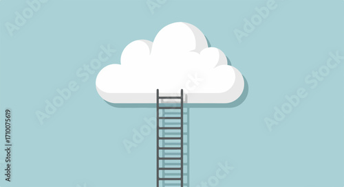 Ladder to cloud showing access to data and storage for digital applications. Ladder represents upward mobility, connection to cloud services, and progress for businesses.