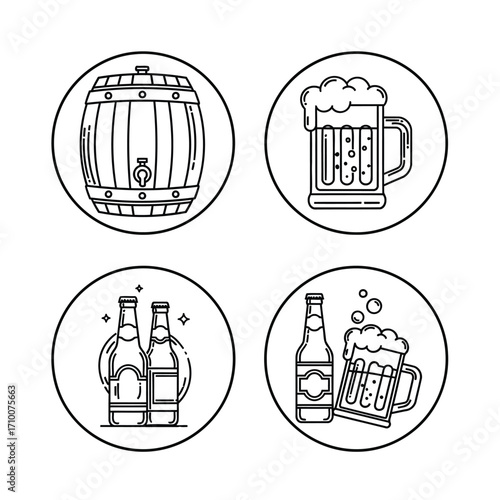 Vector art of line art illustration showcasing a beer barrel, beer mug, and beer bottles, , perfect for brewery or pub themes