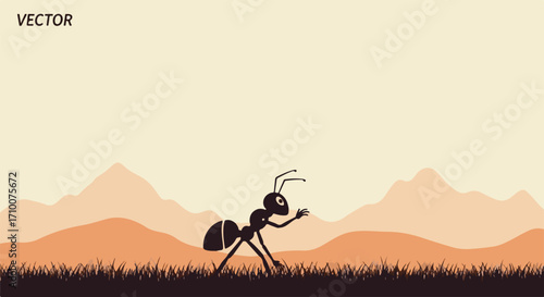 Cartoon ant walking across grassland with mountain silhouette in background. Small ant explores outdoor environment. Ant walking through grass in nature shows determination,