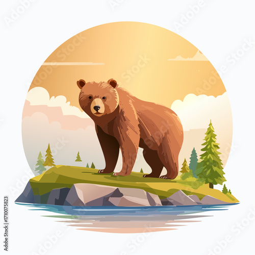 3D Bär, stehend am Flussufer, Sonnenlicht, fotorealistisch, kräftige Statur, realistische Texturen