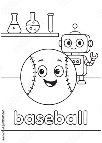 coloring book baseball ball in science lab with robot and test tubes for children fun learning