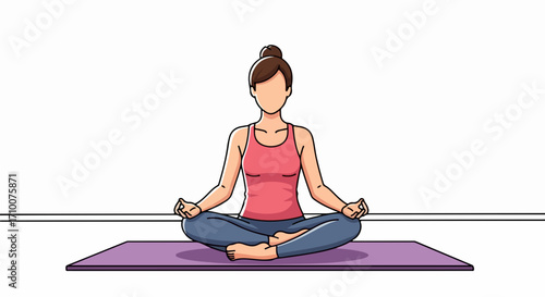 Woman in lotus position on mat for yoga, practicing yoga at home to improve mental health. Yoga at home offers flexibility and relaxation. Conceptual yoga at home for well-being and healthy lifestyle.