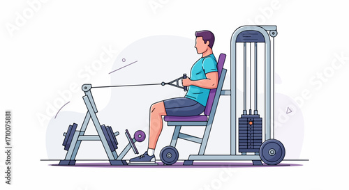 Man does back workout on rowing machine in gym, focused on his fitness regime. Intense back workout for bodybuilders and sportsmen to enhance strength and endurance.