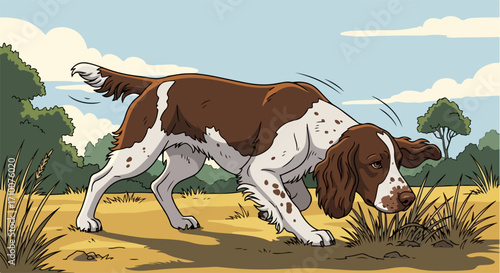Hunting dog in action sniffing ground for prey, illustrated pet animal. English Springer Spaniel hunting dog expertly sniffs ground to detect interesting scents, navigating outdoor grassy field,