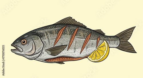 Delicious grilled fish with lemon slice on light background, ready for healthy meal preparation. Grilled fish illustration shows culinary dish with flaky texture, perfectly cooked.
