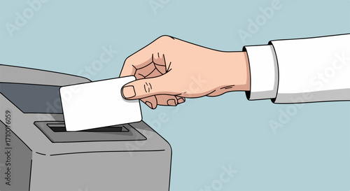 Hand inserts card into machine for access control, illustrating secure entry method. White cuff visible, demonstrating action for access control system, identification, or time tracking.