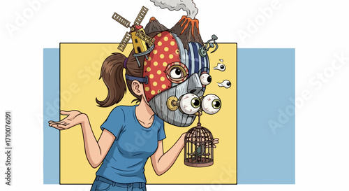 Image shows woman with surreal headpiece displaying complex thinking. Headpiece contains volcano, windmill, eyes, gears, symbolizing dynamic complex thinking. Image for psychology, problem solving,