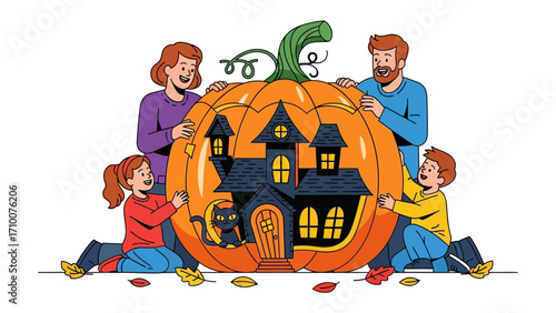 Family and Halloween Pumpkin: A warm and inviting scene featuring a family gathered around a giant pumpkin carving for Halloween, their faces alight with joy and festive enthusiasm.  