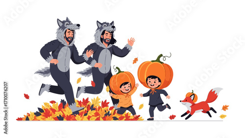 Fall Fun: Charming illustration of a playful family celebrating autumn, parents and children donned in festive costumes, merrily prancing through a vibrant pile of fallen leaves and a pumpkin.