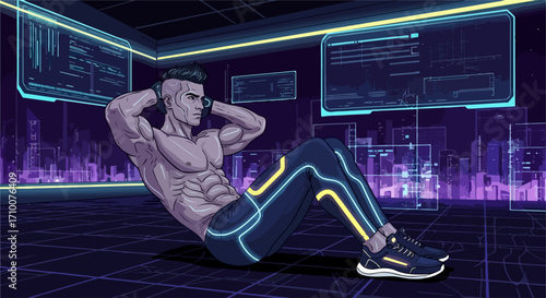 Futuristic fitness illustration showcasing ab workout, portraying a muscular man doing crunches in front of digital screens, highlighting advanced training.