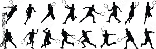 Tennis player silhouette illustrations, dynamic sports icons, black and white clipart, action poses, athlete bundle set, vector pack