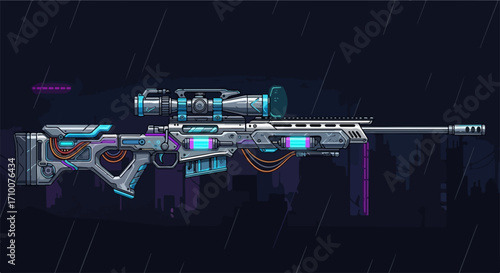 Cyberpunk weapon, rifle for gaming, sniper rifle on dark background is presented. Futuristic cyberpunk weapon with glowing details stands out.