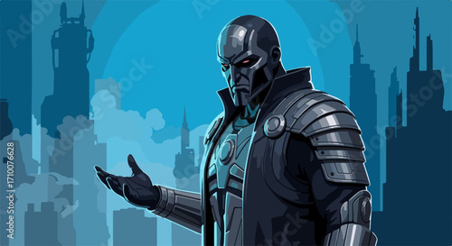 Sci fi character vector art, futuristic cyborg warrior in metallic armor, standing against cityscape backdrop. Cyberpunk hero concept for game art or comic book.