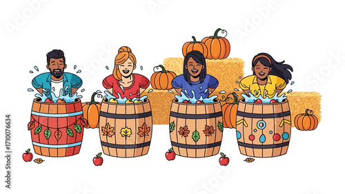 Harvest Festival Fun:  A vibrant illustration showcasing a jovial group of people taking part in a festive apple bobbing game at a delightful harvest festival celebration.