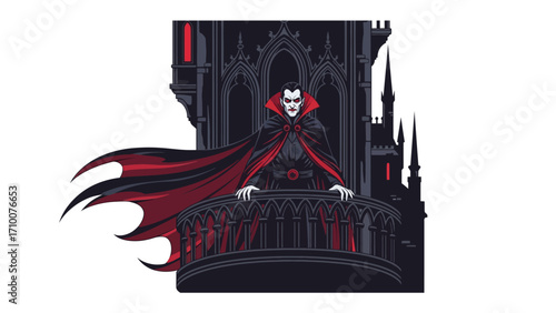 Vampire Silhouette on Balcony: A vampire, cloaked and menacing, surveys his domain from a gothic balcony, silhouetted against a dark.
