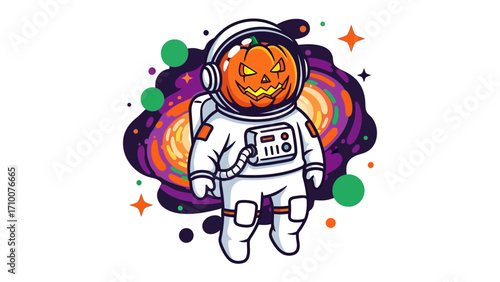 Cosmic Jack-o'-Lantern: A quirky and vibrant illustration depicts an astronaut with a Halloween pumpkin head floating amid a colorful, whimsical galaxy. 
