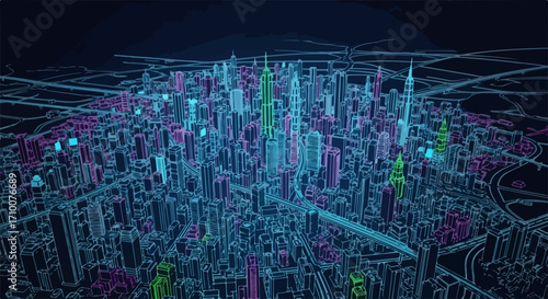 Digital city rendering depicts an abstract urban landscape with futuristic skyscrapers and glowing lines. Digital city presents complex networks, symbolizing modern connectivity and information flow,