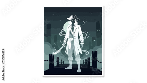 Ghost Pirate Illustration: An enigmatic and ghostly pirate figure stands on a dock, bathed in an eerie moonlight, hinting at the mysteries of the sea, ready to embark on his spectral journey.