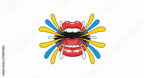 Sound wave illustration featuring open mouth with red lips and colorful bursts. Visual sound wave is perfect for music promotion and artistic concepts.