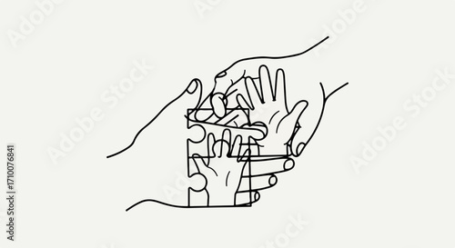 Family hands artwork depicting unity and care on neutral backdrop, showing parental love and protection. Family hands signify togetherness and create a strong bond, expressing security and support.