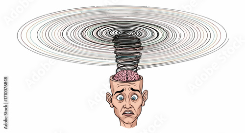 Concept mental disorder with head in spiral spring and overwhelmed man. Mental disorder shown with spirals and fear, anxiety and stress.