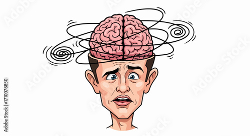 Dizzy spell with swirling lines around head and worried expression. Experiencing dizzy spell can be disorienting and unsettling, this illustration shows lines representing confusion,