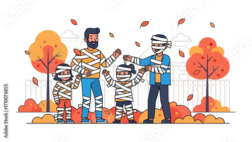 Halloween Mummies in Playful Spookiness: A joyful family, wrapped in mummy bandages, gleefully engages in playful activities amidst a vibrant autumn backdrop. 