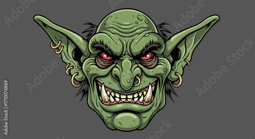 Cartoon goblin portrait showing scary face with protruding ears and big grin, ready for costume parties and Halloween events. Scary face expresses character and adds creative energy.