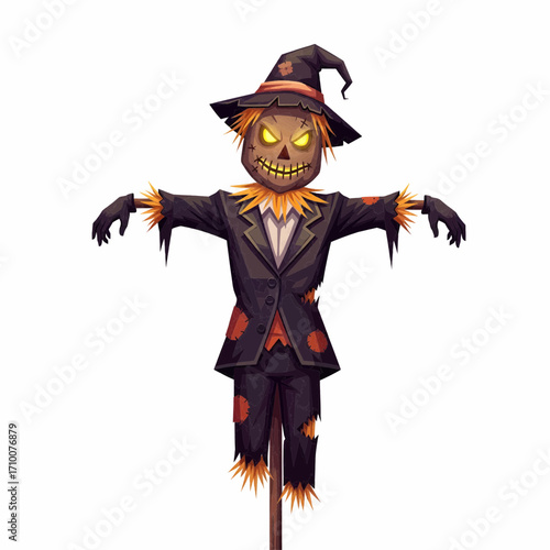 Spooky evil scarecrow cartoon character illustration for Halloween with glowing yellow eyes