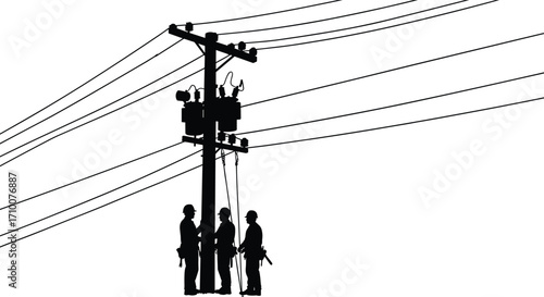 Utility workers silhouette, electrical maintenance, power pole, high voltage lines, safety gear, infrastructure repair, energy supply, teamwork, hazardous job, industrial service