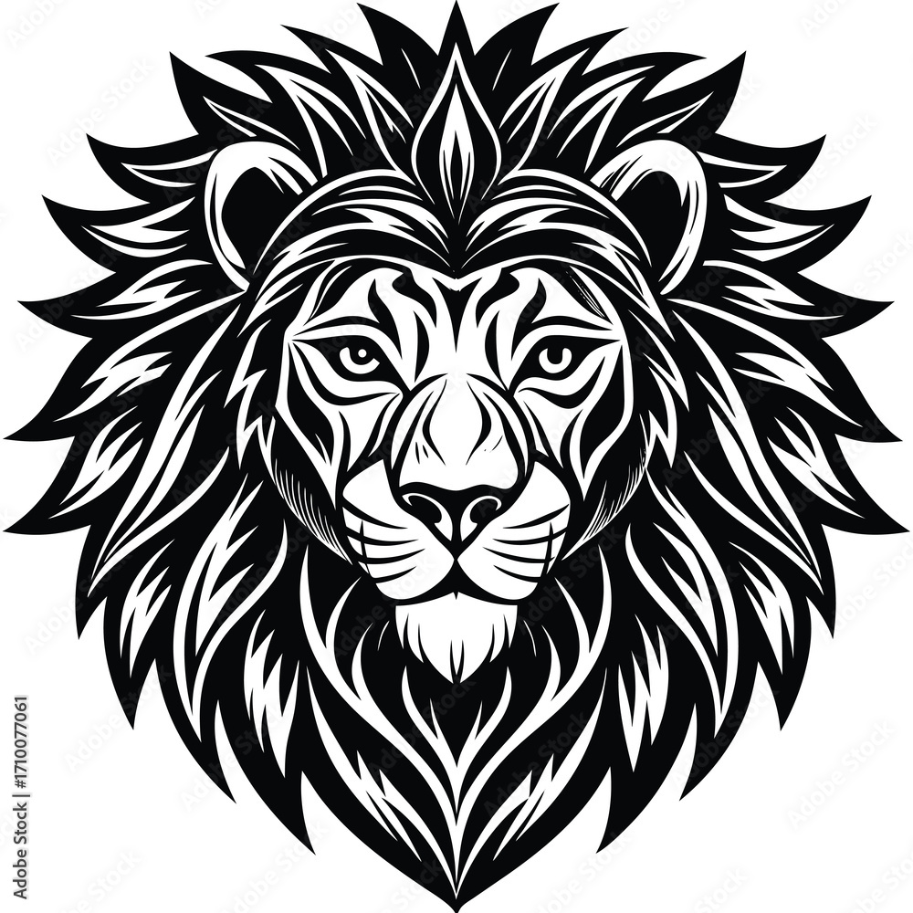 Fototapeta premium Majestic black and white tribal lion head design with intricate patterns and bold lines